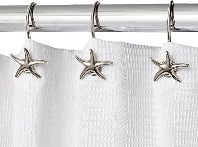 Starfish Shower Curtain Hooks 12-Pack Decorative Chrome Bathroom Hooks for Bathroom Shower Curtains, Premium Chrome Craftsmanship, Easy Install, Coastal Beach Nautical Decor