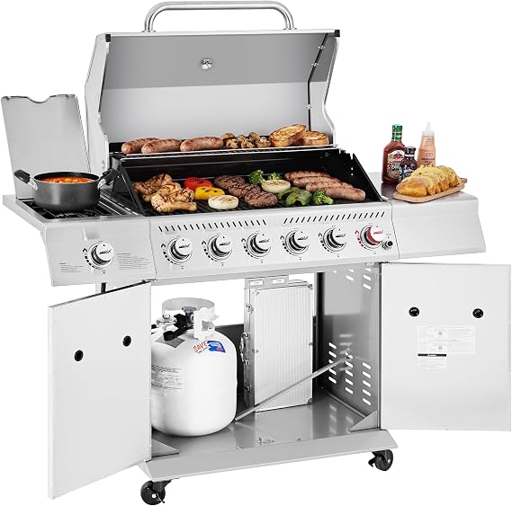 Royal Gourmet GA6402S 6-Burner Propane Gas Grill with Side Burner, Silver