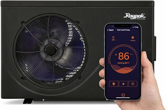 Raypak Crosswind 40i 33,000BTU Electric Swimming Pool Heat Pump Heater, 208/230V Hard Wired Inverter Technology, WiFi, Above Ground & In Ground Pool and spa Heater and Chiller, 9000 Gallon, Heat Cool