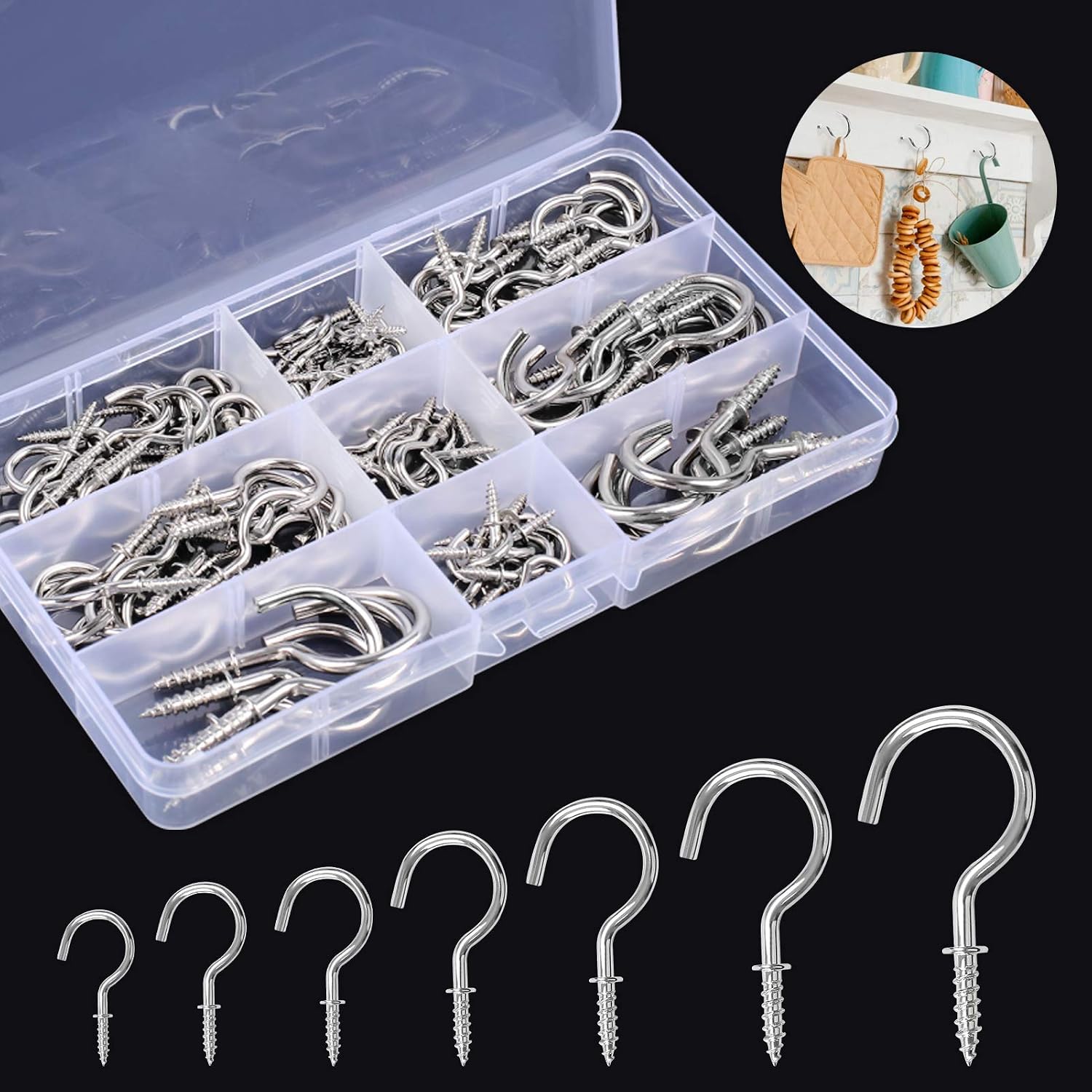 Screw Hooks, 120 Pieces Cup Hooks Nickel Plated Hooks Metal Screw-in Eye Hooks Ceiling Hook for Cabinet ShelfSilver, 7 Sizes
