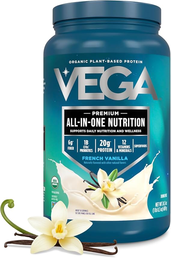 Vega All-in-One Nutrition Organic Vegan Protein Powder French Vanilla, 20g Protein Meal Replacement Shake 1.5 lbs (18 Servings)