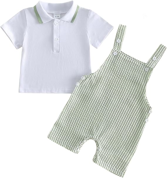 fhutpw Toddler Baby Boy Clothes 2Pcs Summer Outfit Button Down Shirt & Stripe Shortall Romper Overall Sets 6 Months - 4T
