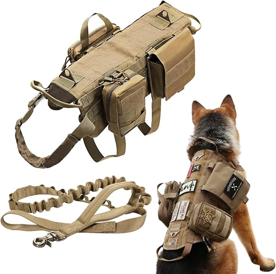 Tactical Dog Vest Harness with 3 MOLLE Bags&1 Bungee Leash