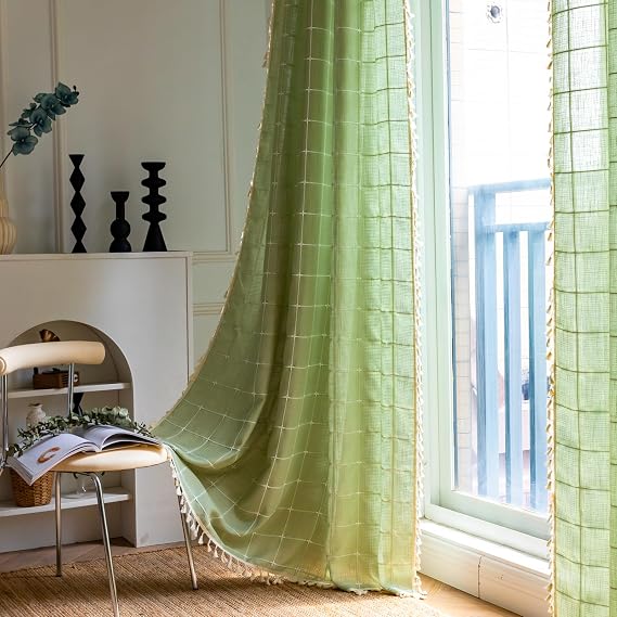 OYX Green Plaid Curtains 52x84 Inch - Cotton Linen Semi Blackout Window Drapes with Embroidered Grid & Tassels, Bohemian Farmhouse Decor for Living Room, Bedroom, Kitchen,2 Panels