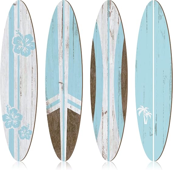 Threan 4 Pcs Surfboard Wall Decors 23.6 x 5.4 Inch Girls Room Decor Preppy Surf Board Hanging Signs Aesthetic Large Wooden Beach Tropical Wall Art for Surfer Bedroom Living Room Bathroom Decors
