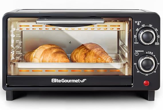 Elite Gourmet ETO490 9L/4 Slice Countertop Toaster Oven with 30-Minute Timer, Adjustable Temperature Control, Includes Baking Pan, Wire Rack and Crumb Tray, Bake, Broil, Toast, Black