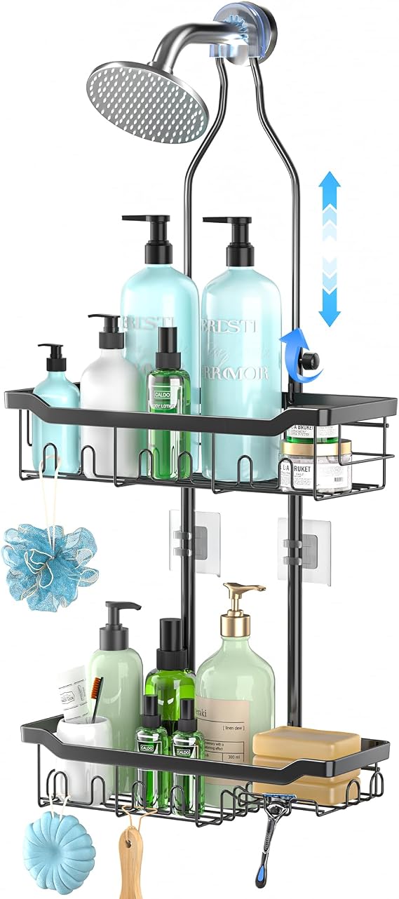 Adjustable Shower Caddy Hanging Rustproof: Tool-free Height Adjustment | Fit Large and Tall Bottles up to 18 inches - Designed for Multi-person Households - For Bathroom Shower Heads - Anti-slip