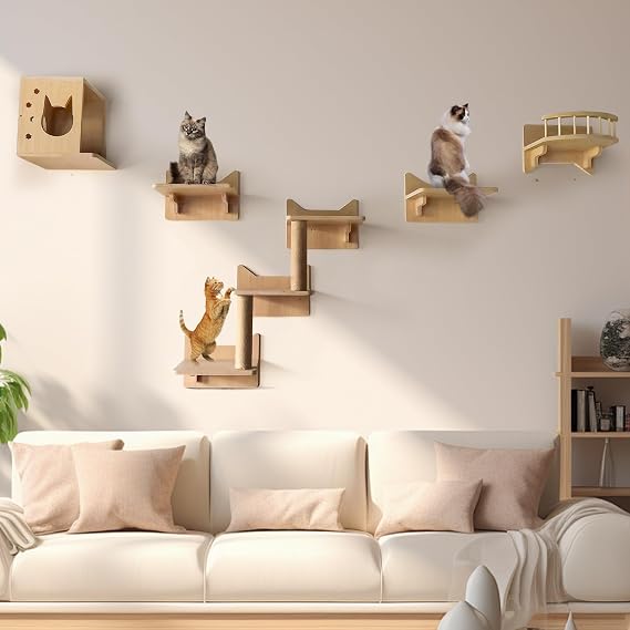 Cat Wall Shelves Furniture Set, Cat Shelves and Perches for Wall, Climbing Shelf Playground Scratching Post with 3 Steps Indoor Mounted Condos House, Up to 25 lbs Each, Cat Wall Frame