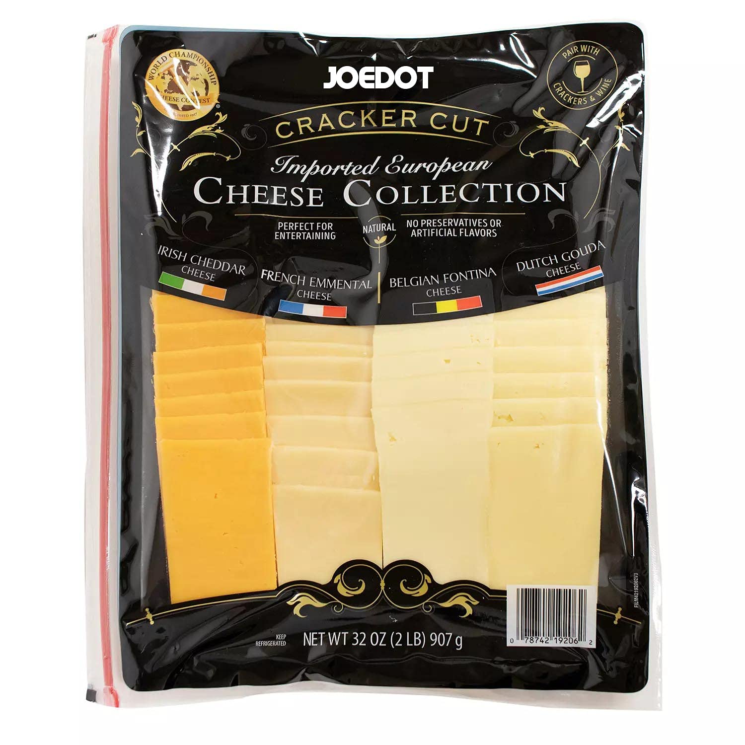 JOEDOT Gourmet Selection Imported Cheeses, Includes Irish Cheddar, French Emmental, Belgian Fontina and Dutch Gouda 32 oz. Pack of 1