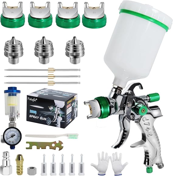 HVLP Paint Spray Gun Kit with 4 Nozzles - 1.4 mm & 1.7 mm & 2.0 mm & 2.5 mm Professional Paint Spray Gun Compressed Air Gravity Sprayer with 600 ml Plastic Cup (Green)