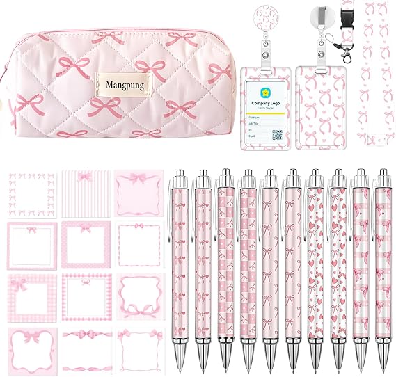 Pink Coquette Bow School Supplies,Bow Stationery Set | Includes Coquette Bow Ballpoint Pens,Pink Bow Sticky Notes,ID Badge Holder,Pencil Holder,for Office School Supplies