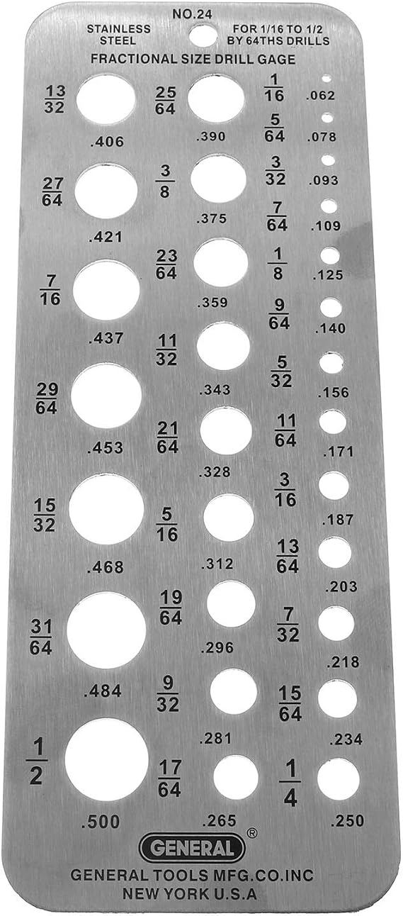 Drill Gauge Stainless Steel Drill Bit Size Checker Plate Measuring Tool for 1/16Inch to 1/2Inch Size Bits 29 Holes