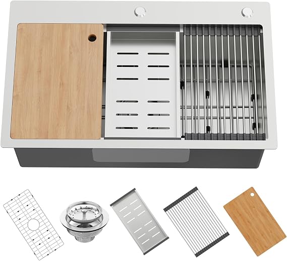 30x18In Stainless Steel Kitchen Sink Workstation, Drop-In, Single Bowl | Topmount Sink, Built-in Ledge For Placing/Sliding SS Colander,Cutting Board And Drying Rack,For Various Modern Kitchen