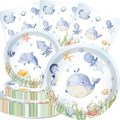Under the Sea Party Tableware Serve 40 Guests - 9 & 7 Plates and Napkins - Summer Ocean Animal Birthday Supplies for Boys Girls, Baby Shower Plates and Napkins Set for Women