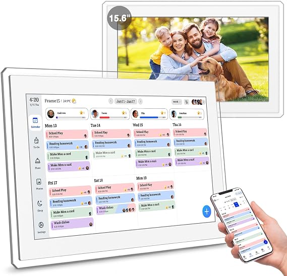 15.6" Digital Calendar Wall Touch Screen, Chore Chart, Photo Frame, Refills | Real-time Google, Outlook and iCloud sync keeps every family member organized, with meal planning and no subscription fees.