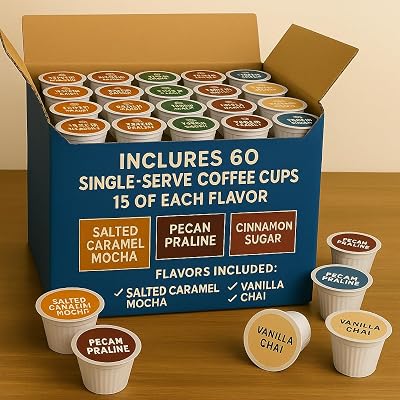 Winter Variety Flavored Coffee Pods Gift Set 60 Single-Serve Cups, 4 Holiday Flavors Salted Caramel Mocha, Pecan Praline, Cinnamon Sugar, Vanilla Chai Medium Roast, Christmas Gift Box