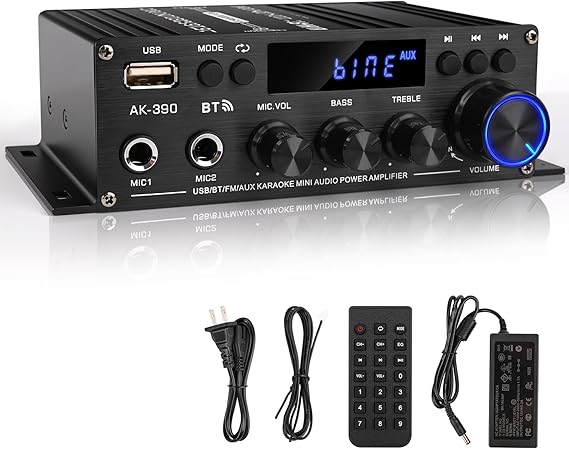 Romicta HiFi Amplifier AK390 Mini Bluetooth Stereo Audio Amplifier Receiver 12V/220V 800W 2 Channels Power Amplifier Sound Amplifier w/ FM Radio USB Card Input for Home or Car