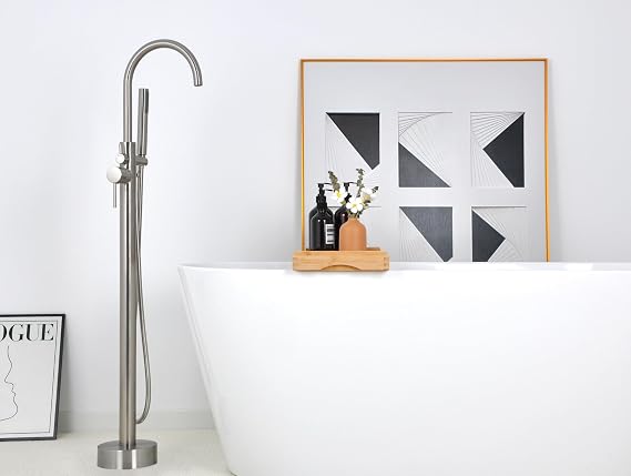 Floor Mount Bathtub Faucet Freestanding Tub Filler Standing High Flow Shower Faucets Shower Mixer Taps, Swivel Gooseneck Spout with Cylinder Handheld (Brushed Nickel)