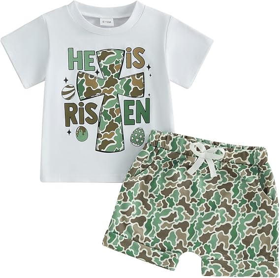 Toddler Boy Easter Outfit Letter Cross Short Sleeve T Shirt Camouflage Shorts Set 2T 3T 4T 5T Summer Outfits