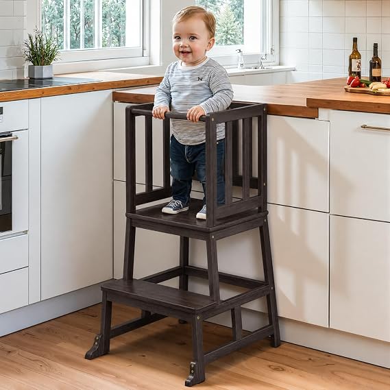COSYLAND Nursery Step Stool for Kids - Toddler Standing Tower for Kitchen Counter - Mothers' Helper Kids Learning Stool in Kitchen - A-Shaped Anti-tip Structure (Walnut)