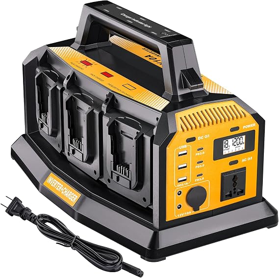 Adisipsoarin 1200W Power Inverter & 6A Rapid Charger for DeWalt 20V Battery 6-Port DC to AC 120V Converter, 3 USB-A + 3 USB-C, 300lm LED Light for Camping, Travel, Emergencies(Battery not Included)