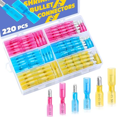 haisstronica 220PCS Heat Shrink Bullet Connectors, 22-10 AWG, Male/Female | Compact Inline Quick Disconnects, Sturdy Bullet Contacts, Motorcycle Lighting and Car Audio Wiring