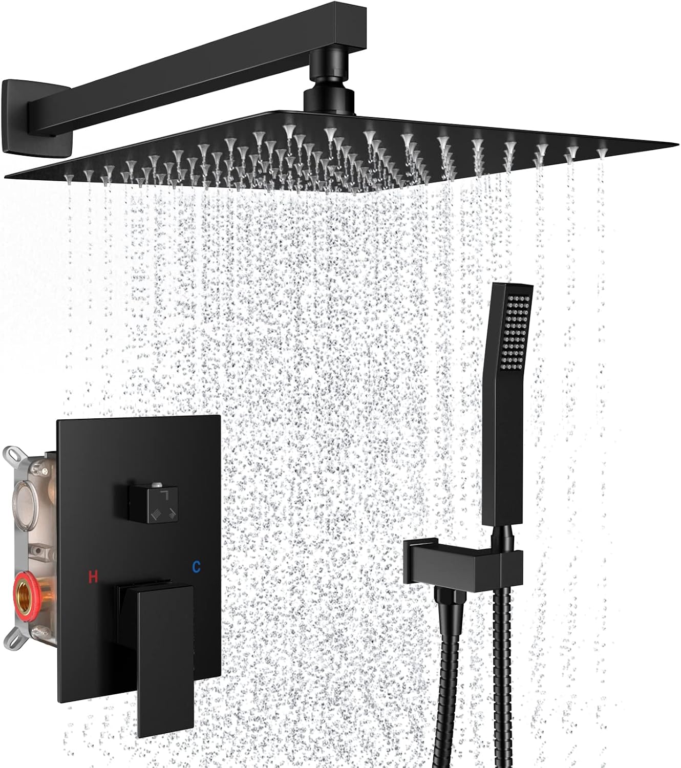 Shower System Wall Mounted 10 inch Shower Overhead for Bathroom,Rain Shower Combo Set with Handheld Spray,Luxury Rainfall Shower Head Rough-in Valve and Trim IncludedMatte Black