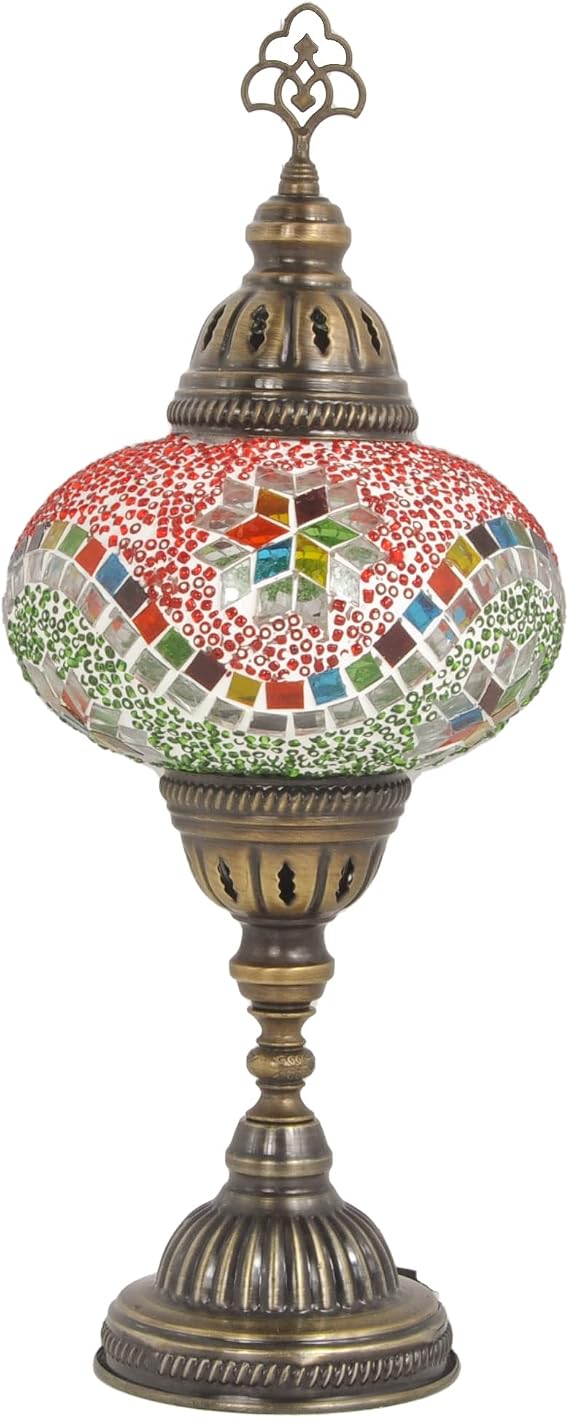 10 Variation Turkish Lamp Mosaic Table Lamps | Turkish Moroccan Lamp with Bronze Base | Handmade Tiffany Night Lamp | Mosaic Glass Bedside Night Lamp with Led Bulb (Red&Green) [Energy Class A+]