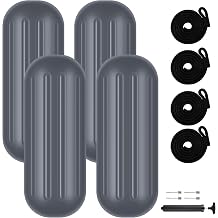Boat Fenders 4 Pack 10x26 Inch,Ribbed Center Hole Boat Fenders for Docking,Inflatable Boat Bumpers Pontoon Boat Bumpers for Docking,Boat Bumpers Fenders  with Rope Needle and Pump (Grey)