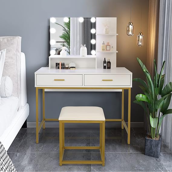 Makeup Vanity Desk with Mirror and Lights,Vanity Table with 2 Drawers & Stool,Small Makeup Table with 10 LED Bulbs & 3 Color Adjustable Lighting Brightness,for Bedroom,Bathroom (White)