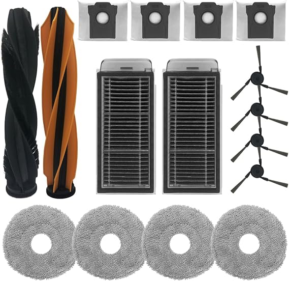 Replacement Parts for Dreame X50 Ultra Robot Vacuum, 2 Main Brushes, 4 Side Brushes, 4 Dust Bags, 2 HEPA Filters, 4 Mop Pads(16 PCS)