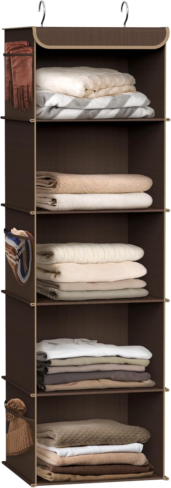Simple Houseware 5 Shelf Hanging Closet Organizer, Brown | 360 Rotating Dual Hooks, Top Support Metal Frame, 6 Side Mesh Pockets