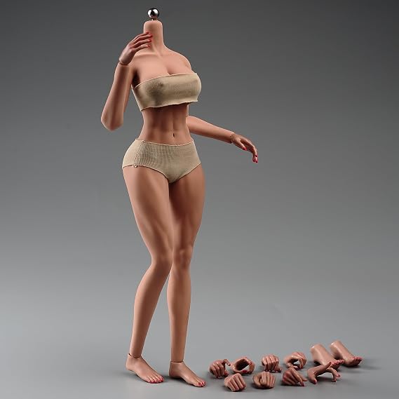 1/6 Scale Super Flexible Seamless Female Action Figure Body, 12inch Fitness Sensuality Fullness Female Action Figure Large Bust Body Model with Detachable Feet & Hands Accessory (Suntan skin)