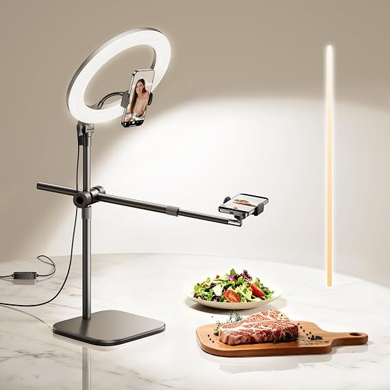Overhead Phone Mount, Overhead Camera Mount Stand [Anti-Shaking] with 10.5" Ring Light, Desk Stand for iPhone with Ring Light for Video Recording, Zoom Meeting, YouTube, TikTok