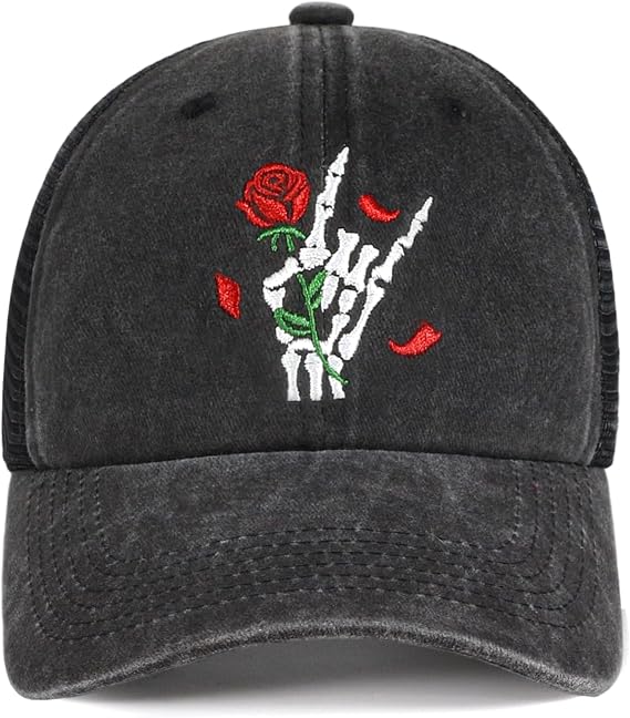 Embroidered Skull Rose mesh Hats - Men Women Funny Baseball Cap - Trucker Gifts Cotton hat