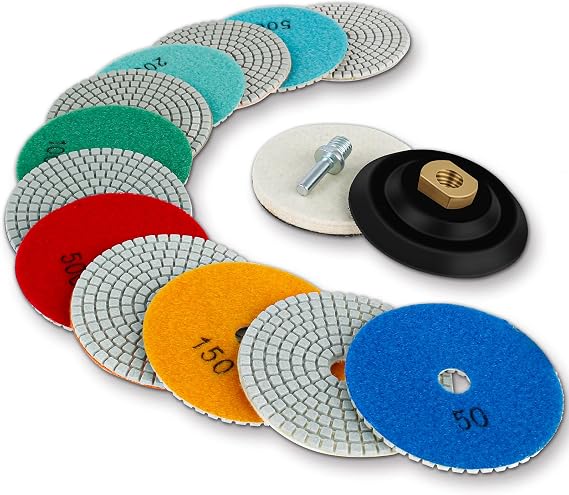 15PCS Diamond Polishing Pads Kit 4 Inch 100mm Wet/Dry Polishing Wheel Set for Granite, Marble, Concrete, Stone Mixed Grits 50-8000 with M14 Backing Pad & 8mm Drill Adapter for Angle Grinder & Drill