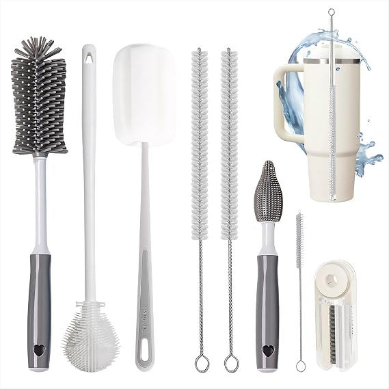 Bottle Cleaner Brush Set - 8 Pack Bottle Brushes for Cleaning | Gray for Owala, Tumbler, Sports Water Bottle, Wine Glass
