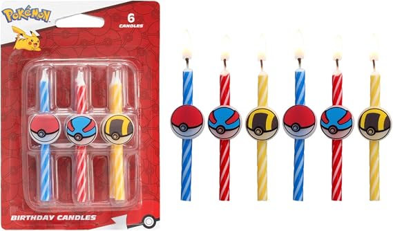 Pokemon Birthday Cake Candles | 6 Birthday Candles for Cake Decorations, Red, Blue, Yellow Striped Candles, Poke Ball Cake Toppers for Pokemon Party