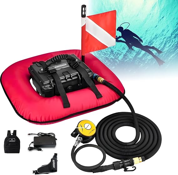 Scuba Diving Ventilator, Rechargeable Scuba Diving Tank with Detachable Hose and Diving Breathing Regulator, Explore 9m Depths for Recreational Diving & Fishing Red-1battery