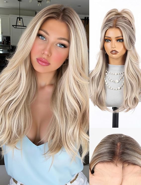 13x6 Lace Front Mixed Blonde 22in Wavy Synthetic Wig