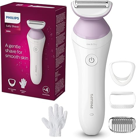 Philips Lady Shaver Series 6000 – Kabelloser Nass- und Trockenrasierer mit 4 Zubehörteilen Körperpeeling-Handschuh Kammaufsatz (Modell BRL136/00)