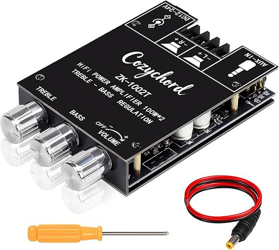 ZK-1002T Bluetooth 5.0 Stereo Amplifier Board 200W HiFi 2.0 Channel Mini Audio Amplifier Module with Treble and Bass Control, AUX Input, DC 12V-24V for Speakers