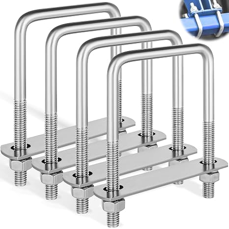 4 Sets M8 U-Bolts with Nuts & Frame Plates, 304 Stainless Steel Square Bolt, U Clamp Brackets for Inner Width 70mm, Length 110mm, Gasket for Pipelines, Ski Boat, Fishing Boat, Automobiles Trailer,Tube