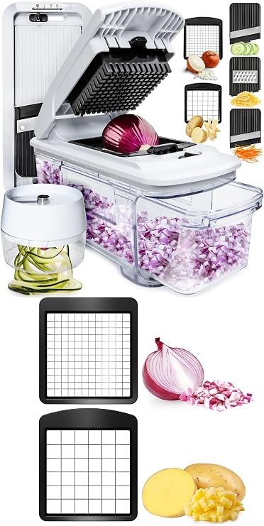 Fullstar All-in-1 Vegetable Chopper (5 in 1, Black/White) and 2pc Blade Replacement Set for Vegetable Chopper - Bundle of Chopper and Dice Blade Replacement (Big and Small Dice) - Kitchen Gadgets