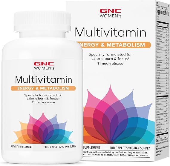 GNC Womens Energy and Metabolism Multivitamin Caplets, Clinically Proven, Calorie Burn, Focus, 100mg Caffeine, Active Nutrition, Immune, Bone, Beauty, Iron, Biotin, Timed Release, 180 ct, 90 svgs