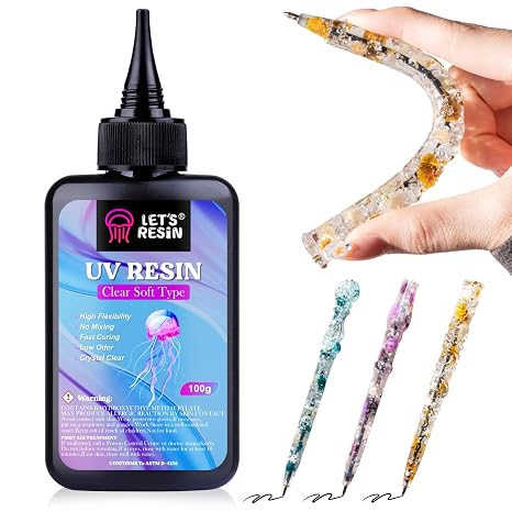 LET'S RESIN UV Resin, Soft Elastic&Bendable Crystal Clear Resin, 100g | Crystal Clear, Low Viscosity, Odorless, Anti-Yellowing, Fast Cure, Low Shrinkage, Beginner-friendly for UV Jewelry, Molds