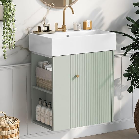 21.6'' Wall-Mounted Bathroom Vanity with Sink Combo, Green Bathroom Cabinet w/White Ceramic Sink, Floating Bathroom Vanities with Left Side Shelf, Garage Vanities Set for Compact Space
