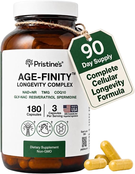 PRISTINE'S Age Finity NAD+ NR Mitochondrial Cellular Support Capsules | NR, TMG, CoQ10, GlyNAC and resveratrol in one healthy aging routine. 60 day supply, vegan, non-GMO, gluten-free