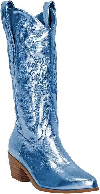 MissHeel Mid Calf Cowgirl Boots Embroidered Block Chunky Heel in Pink Silver