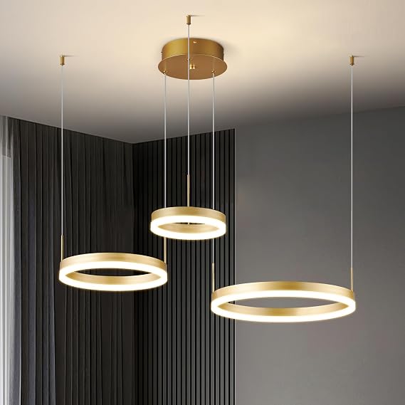 Modern Gold Ring Chandelier LED Circle Geometric Pendant Light Dimmable 3 Rings Ceiling Light Fixtures High Ceiling Foyer Chandelier for Living Room Dining Room Bedroom